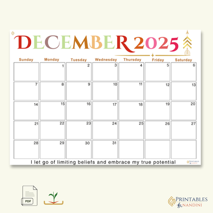 Inspire|Monthly Theme Calendar Printable for December 2025.
