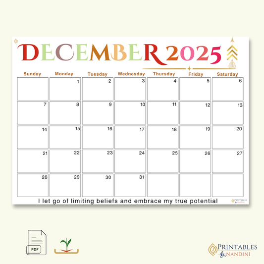 Inspire|Monthly Theme Calendar Printable for December 2025.