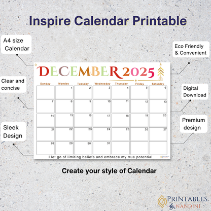 Inspire|Monthly Theme Calendar Printable for December 2025.