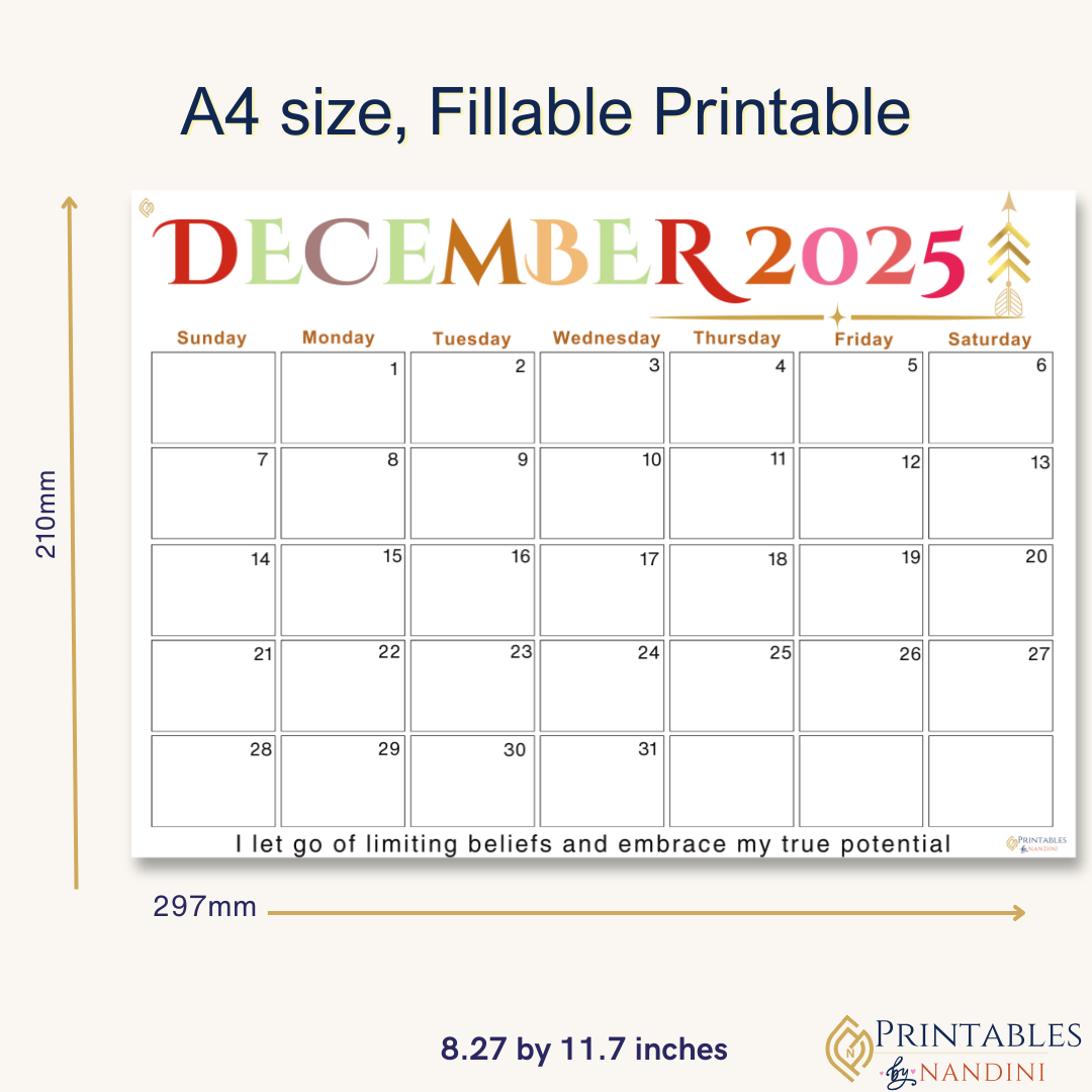 Inspire|Monthly Theme Calendar Printable for December 2025.