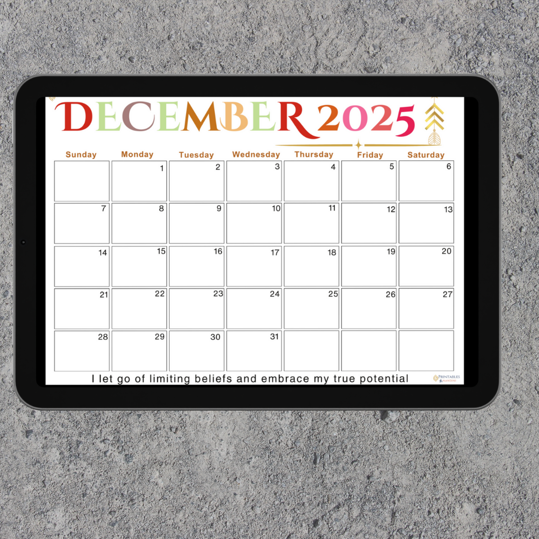 Inspire|Monthly Theme Calendar Printable for December 2025.