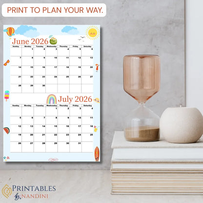 Calendar for June and July 2026 with a sand timer and decorative items on a light background.