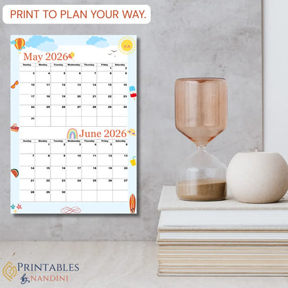 May and June 2026 Printable calendar|A4, Sunday start|Instant Download|Fantastic Blue