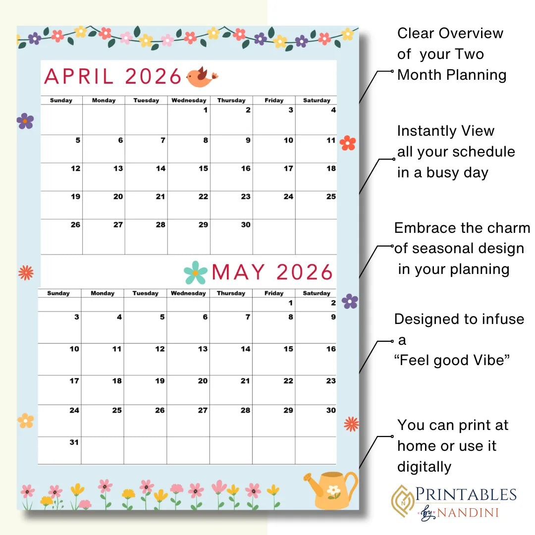 April and May 2026 calendar with decorative elements and text about its features.