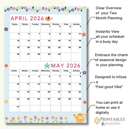 April and May 2026 calendar with decorative elements and text about its features.