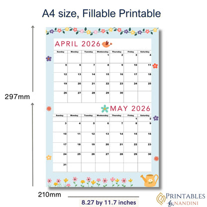 April and May 2026 Printable calendar|A4,Sunday Start|Instant PDF |Fantastic Blue