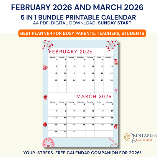 Printable February 2026 and March 2026 calendar, Bimonthly calendar PDF