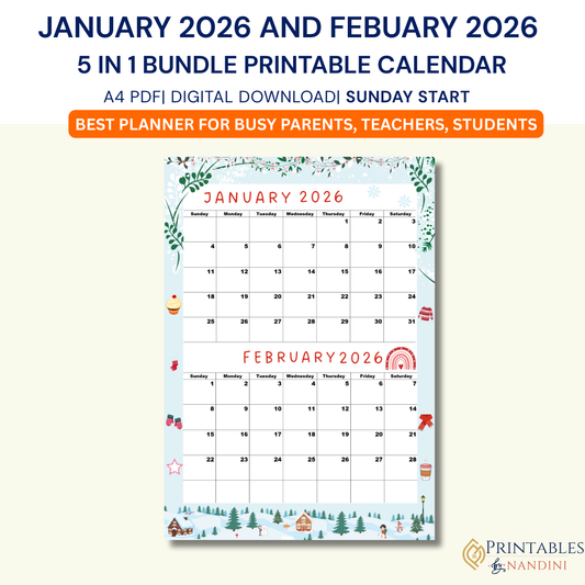 Printable calendar for January and February 2026 with decorative elements on a white background.