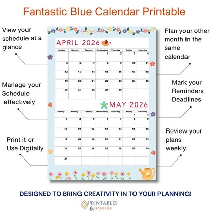 April and May 2026 Printable calendar|A4,Sunday Start|Instant PDF |Fantastic Blue