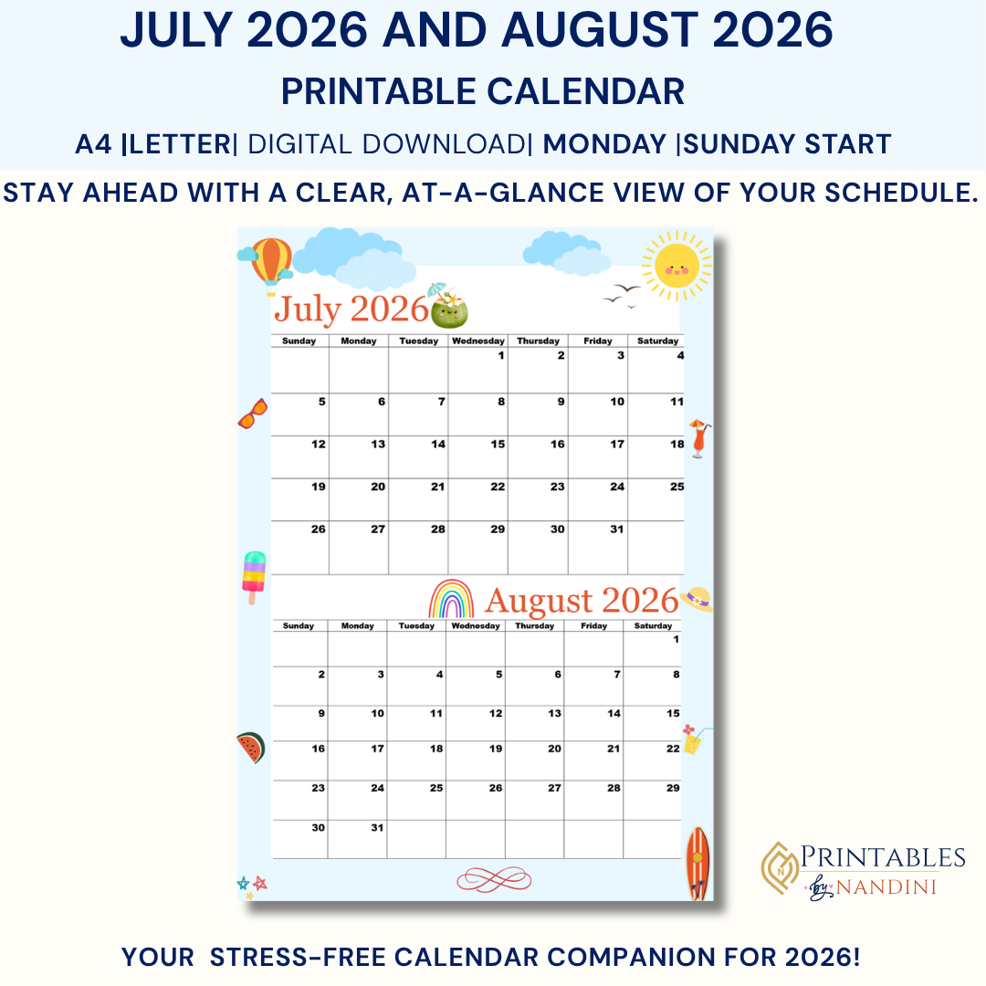July and August 2026 Printable calendar|A4, Letter Size, Monday Start|Sunday Start| Instant Download| Fantastic Blue