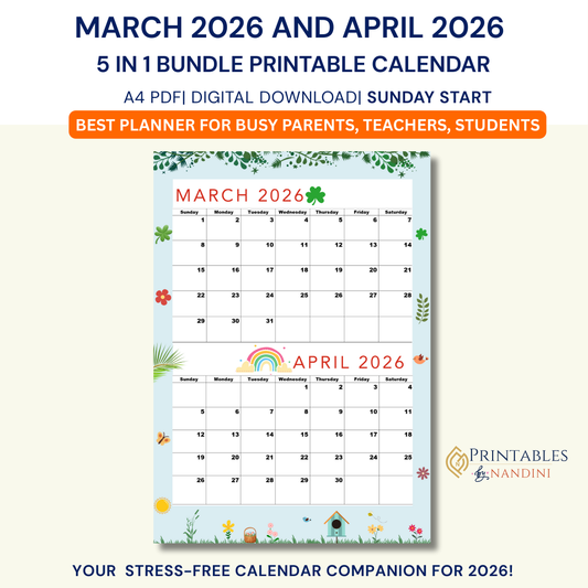 Printable March 2026 and April 2026 calendar, Bimonthly calendar PDF