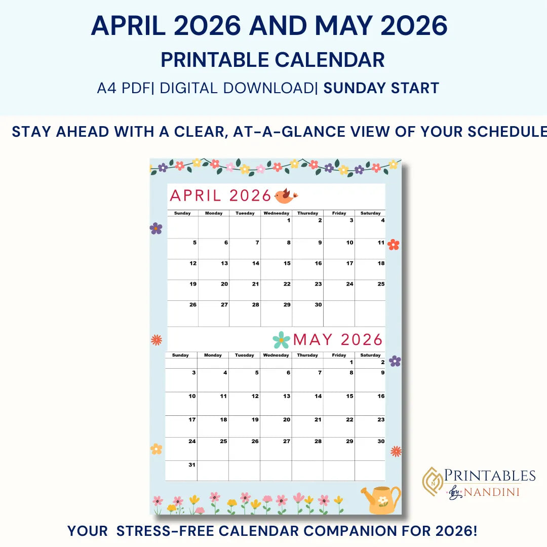 April and May 2026 Printable calendar|A4,Sunday Start|Instant PDF |Fantastic Blue