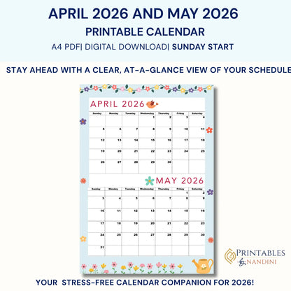 Printable calendar for April and May 2026 with decorative elements on a white background.