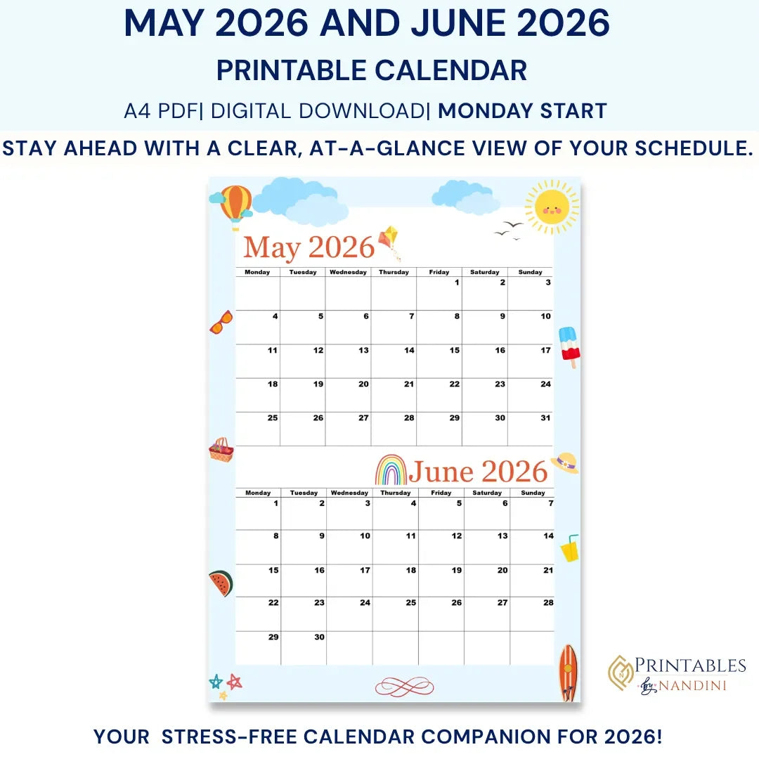 Printable May and June 2026 calendar, Monday start, colorful summer theme, A4 digital download.
