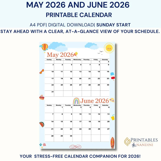 Printable calendar for May and June 2026 with cartoon elements on a white background.
