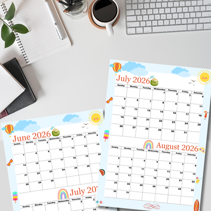 Printable June 2026 to August 2026 calendar calendar