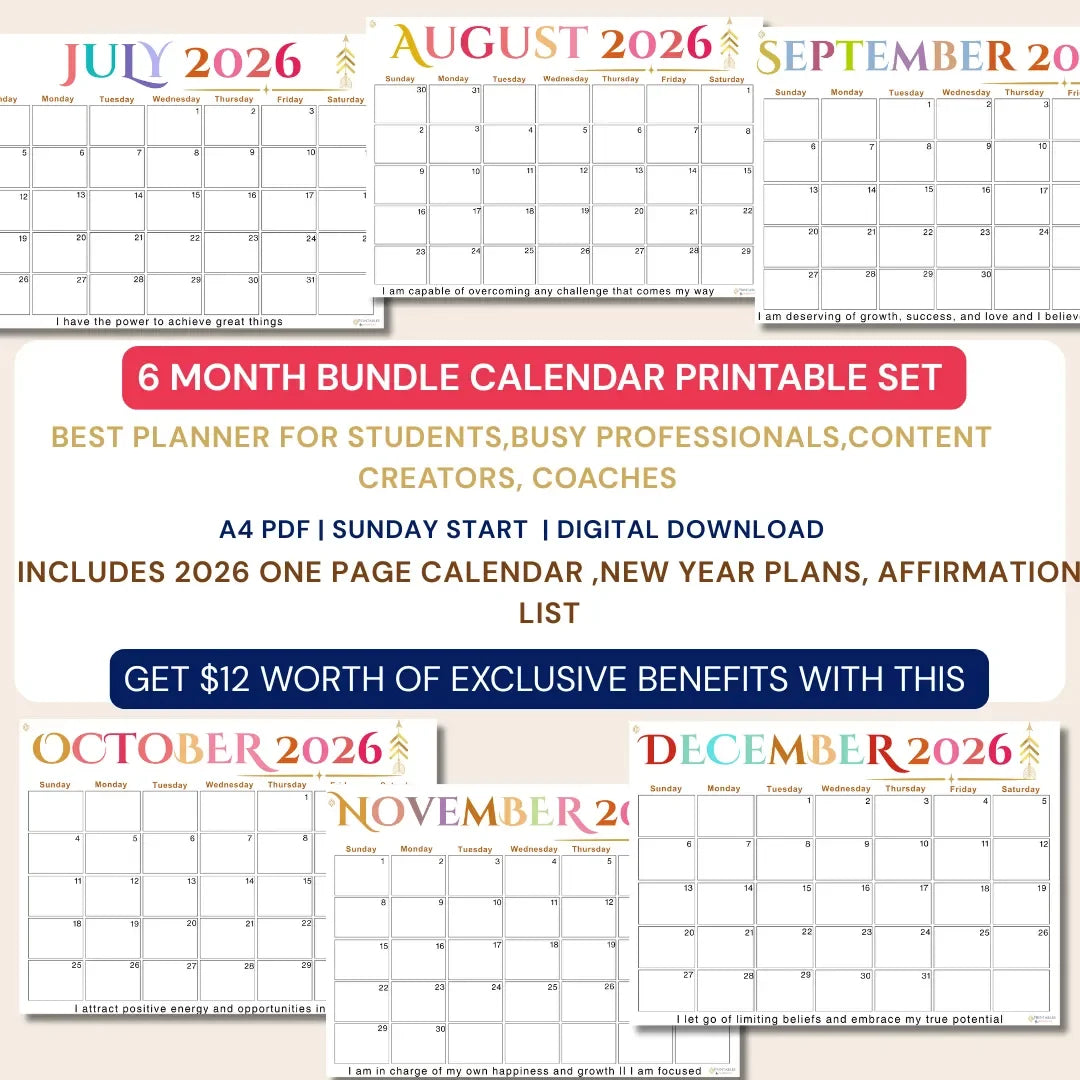 Inspire |July 2026 to December 2026 monthly calendar Printable-Sunday Start