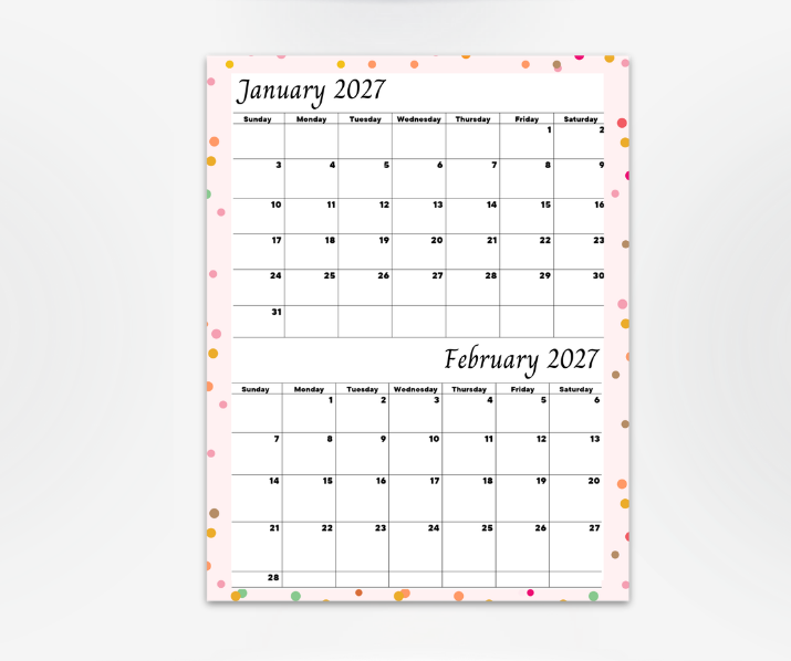 Pink calendar for January & February 2027