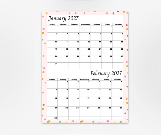 A two-month calendar preview showing January and February 2027, with a light pink background, black grid layout, and scattered pastel confetti dots around the border.