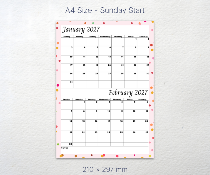 A4 size Picture of Calendar Printable Jan Feb 2027