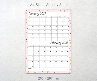 A4 size Picture of Calendar Printable Jan Feb 2027