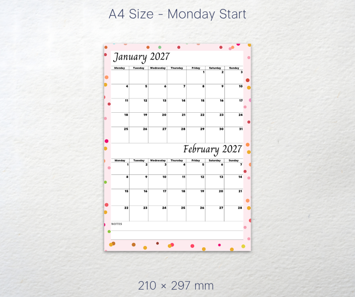 A4 size Picture of Calendar Printable Jan Feb 2027 with Monday Start