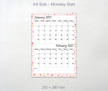 A4 size Picture of Calendar Printable Jan Feb 2027 with Monday Start