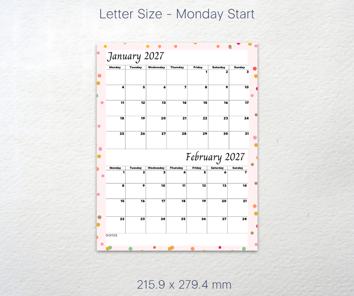 A printable monthly calendar page shown on a light textured background, with 'Letter Size - Monday Start' at the top and dimensions '215.9 x 279.