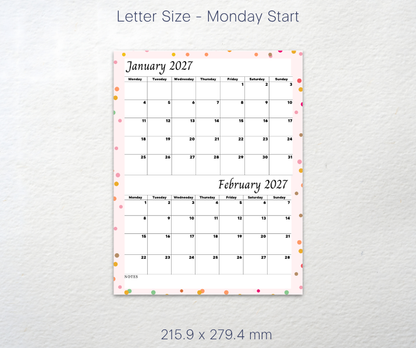 A printable monthly calendar page shown on a light textured background, with 'Letter Size - Monday Start' at the top and dimensions '215.9 x 279.