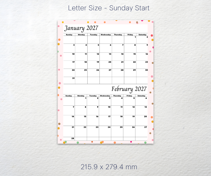 A printable monthly calendar page showing January 2027 and February 2027 in a Sunday-start layout, with a light pink background and scattered pastel confetti dots. Text above reads 'Letter Size - Sunday Start' and below reads '215.