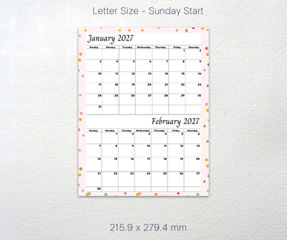 A printable monthly calendar page showing January 2027 and February 2027 in a Sunday-start layout, with a light pink background and scattered pastel confetti dots. Text above reads 'Letter Size - Sunday Start' and below reads '215.