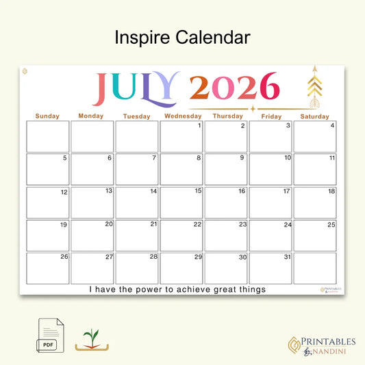 Inspire|Calendar Printable for July 2026
