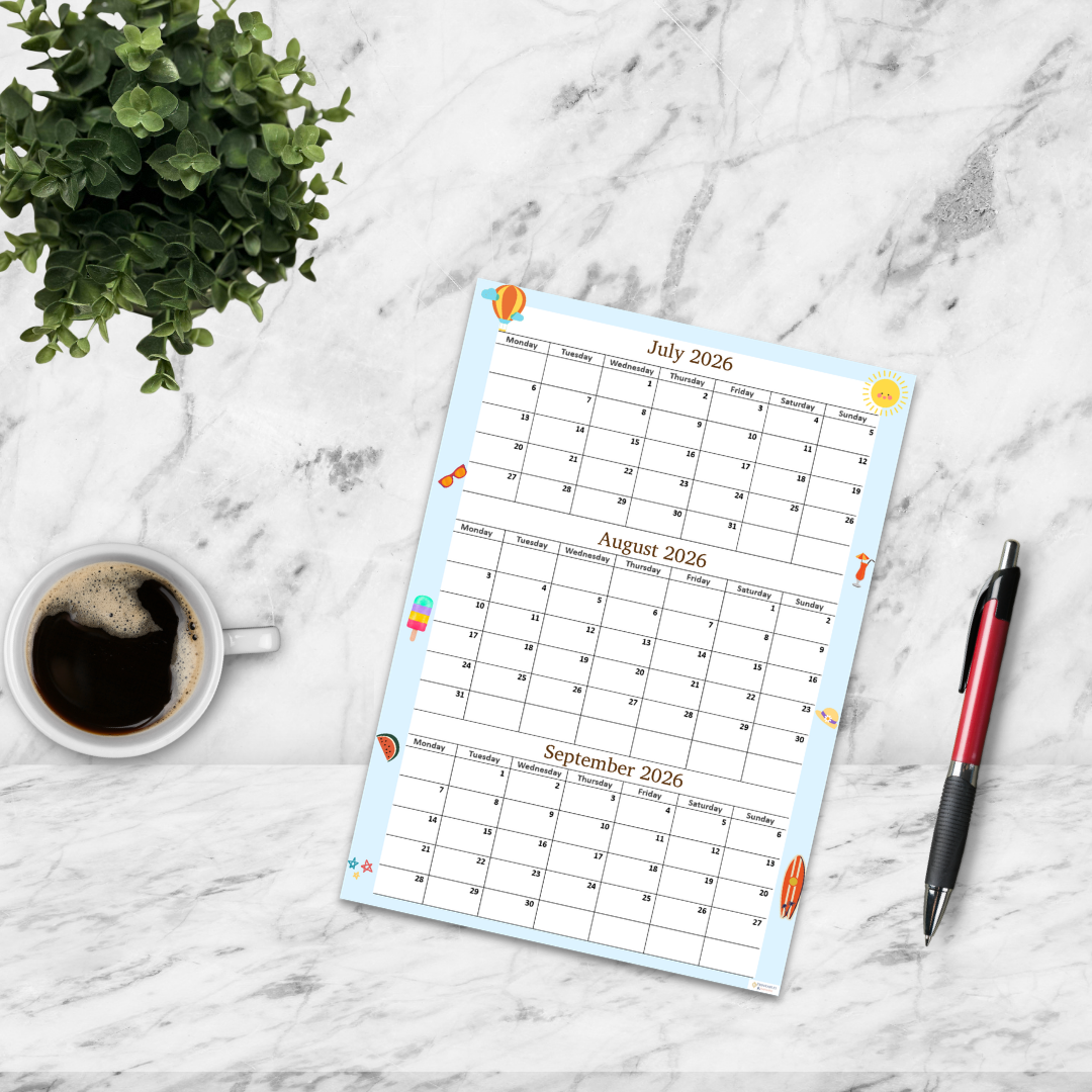 Calendar for July, August, and September 2026 on a marble surface with a cup of coffee and pen.