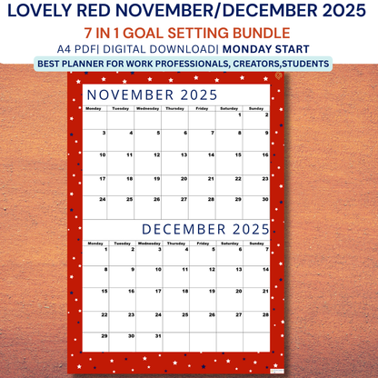 Premium Lovely Red| Bi-Monthly Calendar for November 2025 & December 2025, Monday Start,A4 PDF,Digital Download