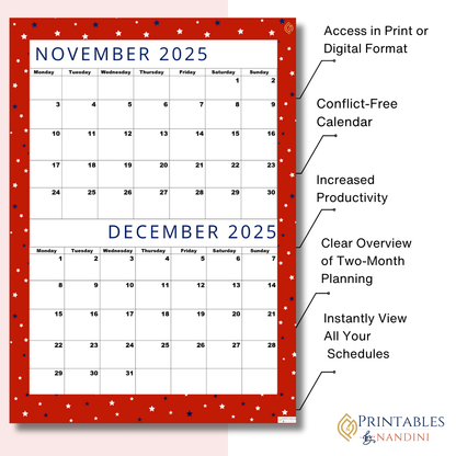 Premium Lovely Red| Bi-Monthly Calendar for November 2025 & December 2025, Monday Start,A4 PDF,Digital Download