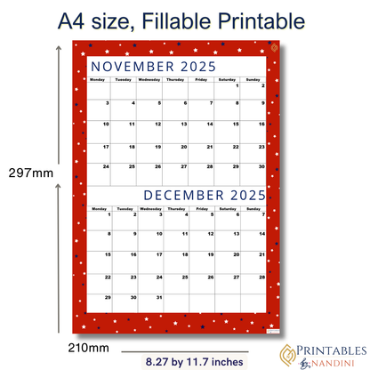 Premium Lovely Red| Bi-Monthly Calendar for November 2025 & December 2025, Monday Start,A4 PDF,Digital Download