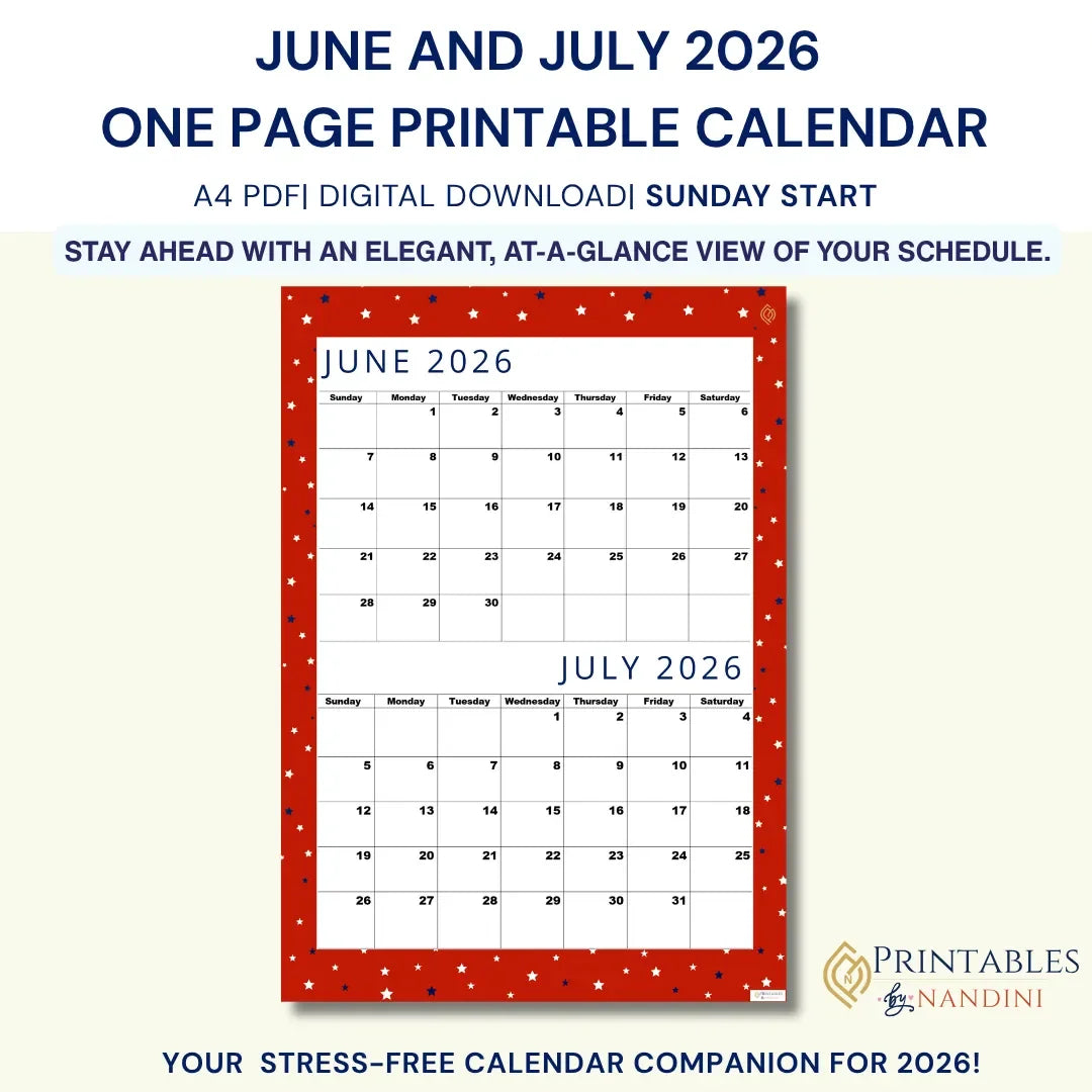 Lovely Red |Printable Calendar for June and July 2026|A4|Digital Download