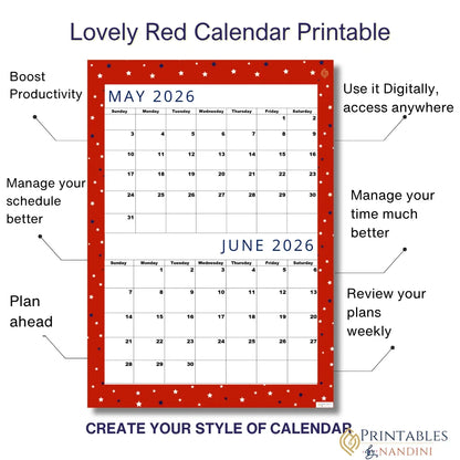 Exclusive Lovely Red| Bi-Monthly Calendar for May 2026 & June 2026!