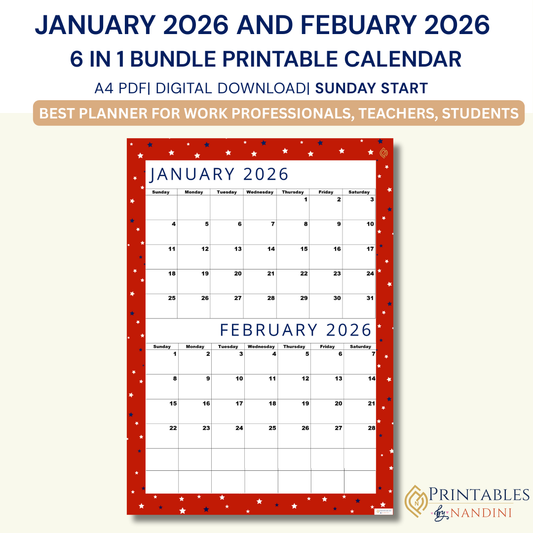 Calendar for January and February 2026 with a red border and white background, featuring Printables Nandini branding.