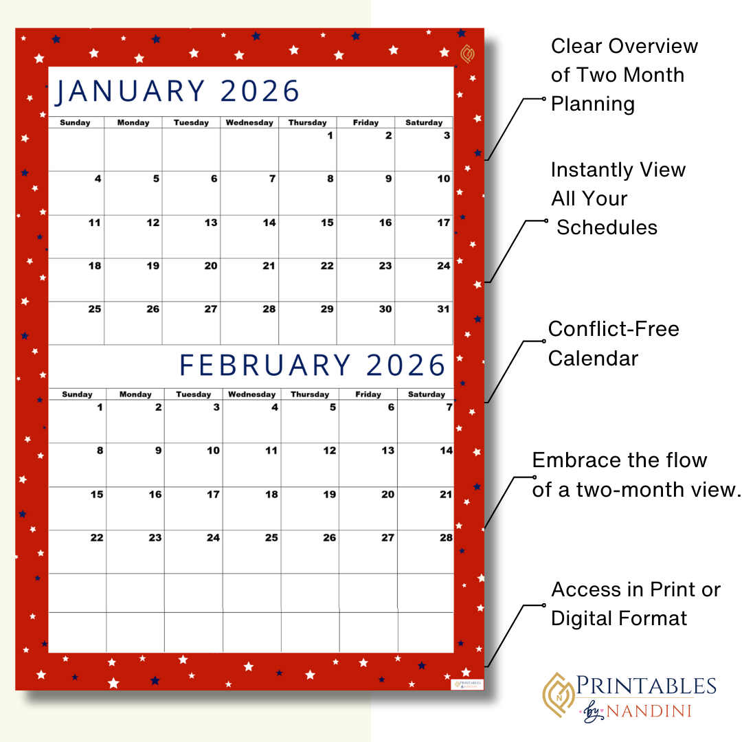 Two-month calendar for January and February 2026 with red border and white background.