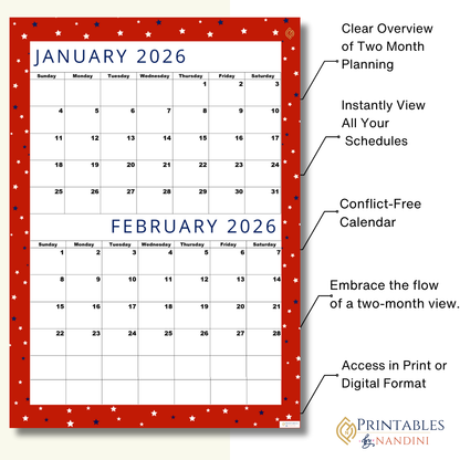 Two-month calendar for January and February 2026 with red border and white background.