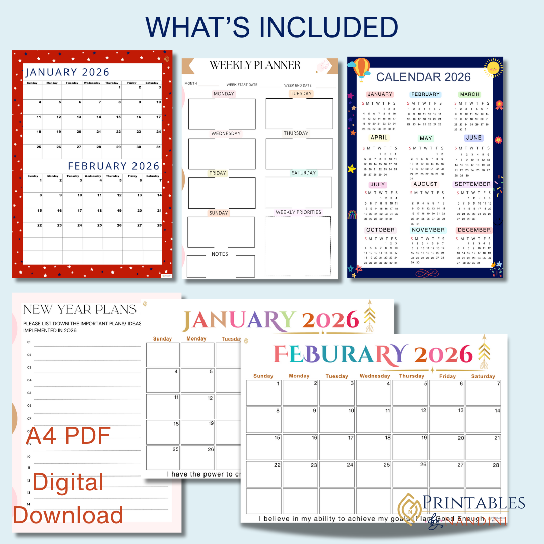 Collection of 2026 calendar pages and planner sheets on a light blue background.