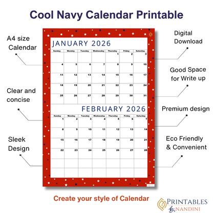 Lovely Red| Calendar January February 2026, Sunday Start,A4 PDF, Digital