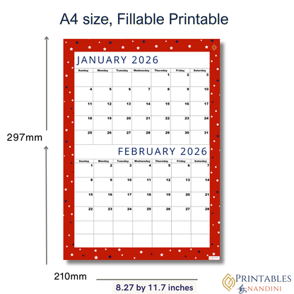 Lovely Red| Calendar January February 2026, Sunday Start,A4 PDF, Digital