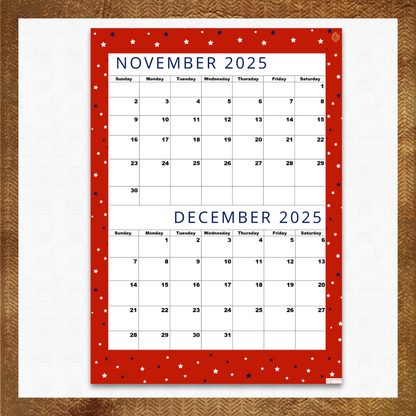 Lovely Red| Calendar for November 2025 & December 2025-Sunday Start!