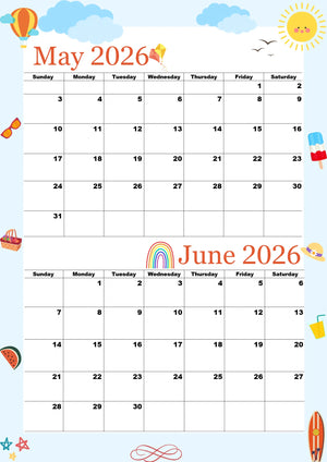 May and June 2026 Printable calendar|A4, Sunday start|Instant Download|Fantastic Blue