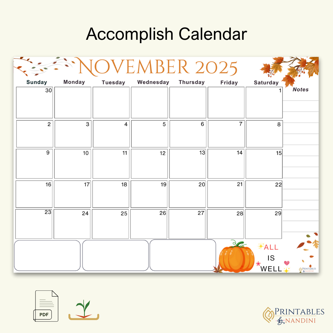 Accomplish|Monthly Theme Calendar Printable for November 2025.