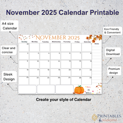 Accomplish|Monthly Theme Calendar Printable for November 2025.