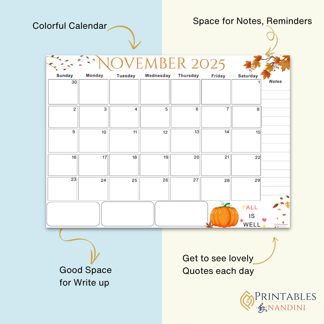 Accomplish|Monthly Theme Calendar Printable for November 2025.