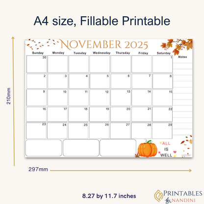 Accomplish|Monthly Theme Calendar Printable for November 2025.